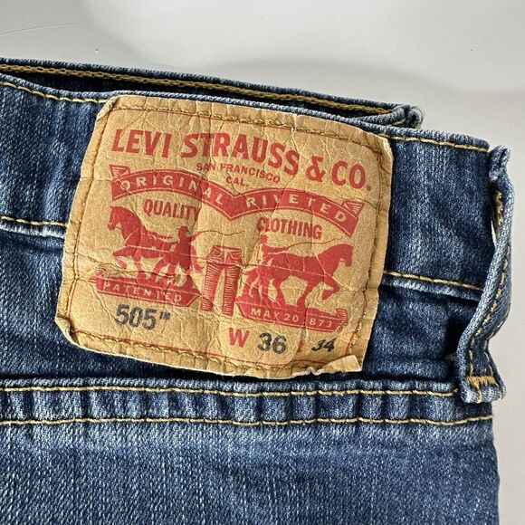 Levis 505 Denim Blue Jeans Mens 36 X 34 Medium Wash Straight Leg Mid Rise - Picture 4 of 14
